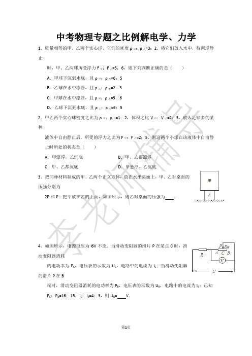 中考物理专题之比例解电学、力学及答案解析