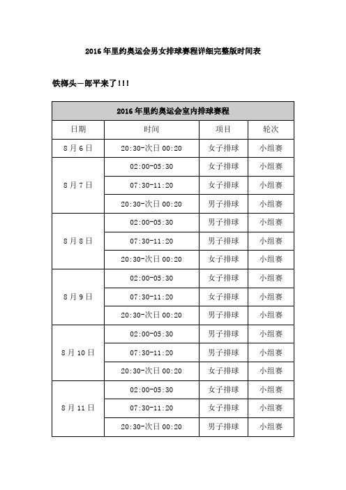 2016年里约奥运会男女排球赛程详细完整版时间表