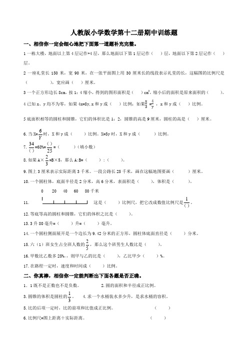 人教版小学数学第十二册期中训练题