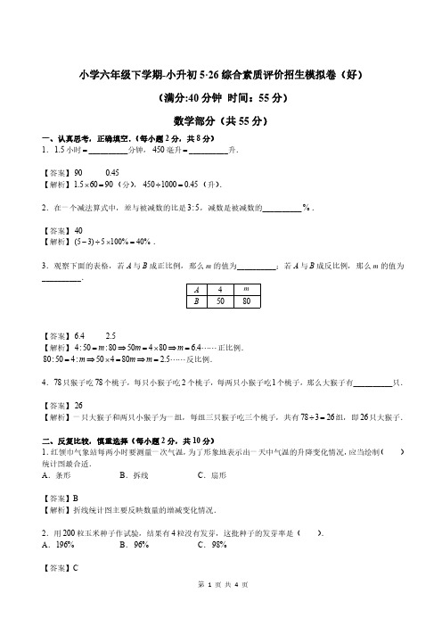 六年级下学期下册数学试卷试题-小升初综合素质评价招生模拟卷人教版 (含答案)