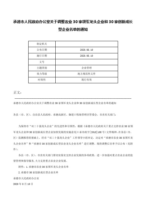 承德市人民政府办公室关于调整农业30家领军龙头企业和30家创新成长型企业名单的通知-