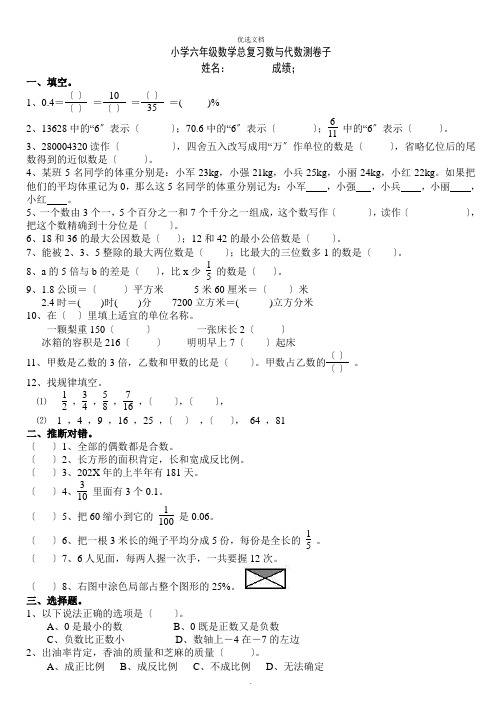 北师大版小学数学六年级总复习数与代数测试卷