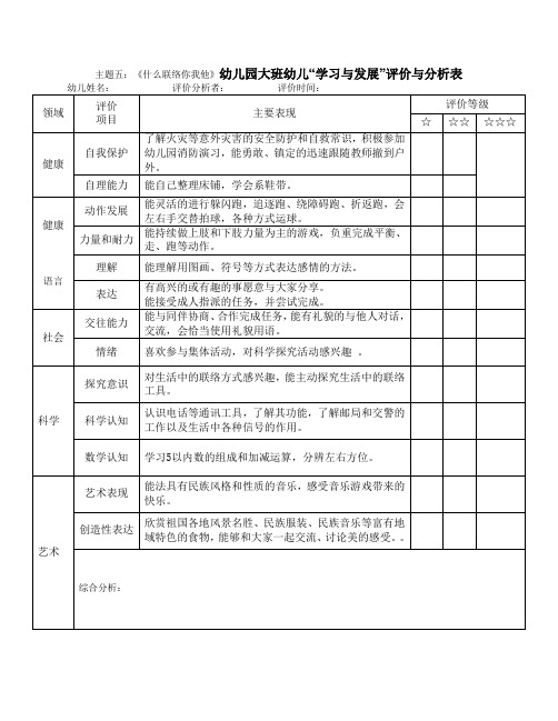 主题五《什么联络你我他》幼儿园大班幼儿“学习与发展”评价与分析表