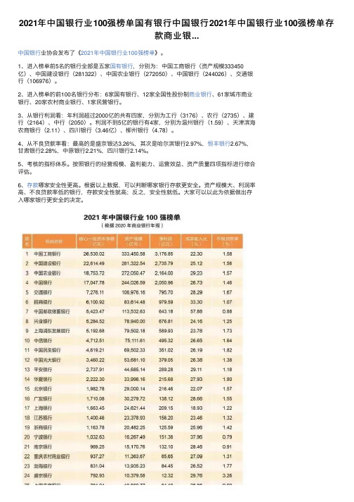 2021年中国银行业100强榜单国有银行中国银行2021年中国银行业100强榜单存款商业银...