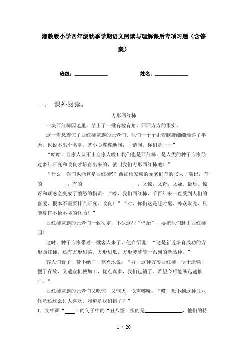 湘教版小学四年级秋季学期语文阅读与理解课后专项习题(含答案)