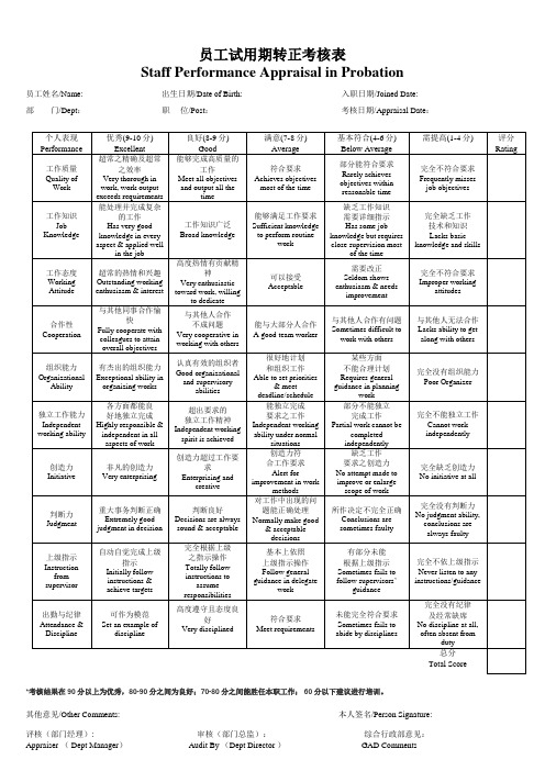 员工试用期转正考核表(中英文)