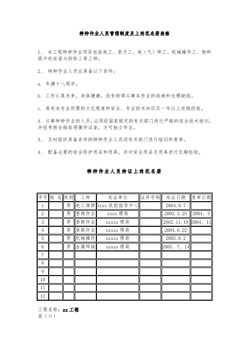 特种作业人员管理制度及上岗花名册表格