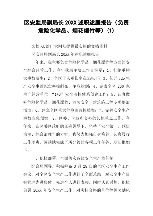 区安监局副局长20XX述职述廉报告(负责危险化学品、烟花爆竹等)(1)