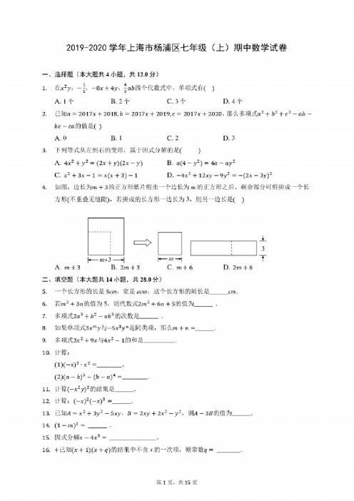 2019-2020学年上海市杨浦区七年级（上）期中数学试卷（有答案）