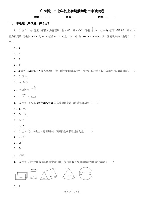 广西梧州市七年级上学期数学期中考试试卷