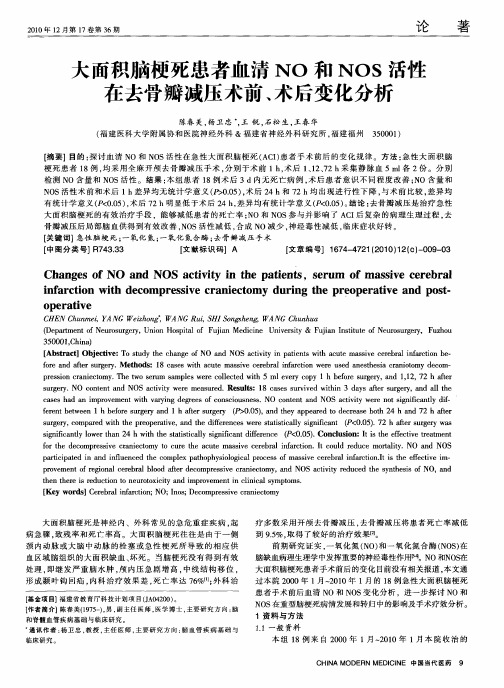 大面积脑梗死患者血清NO和NOS活性在去骨瓣减压术前、术后变化分析