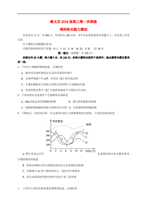 北京市顺义区高三理综第一次统练(一模)试题