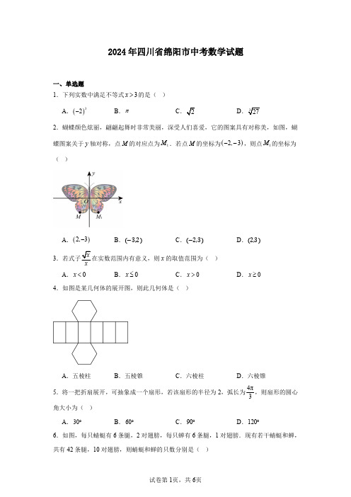 2024年四川省绵阳市中考数学试题