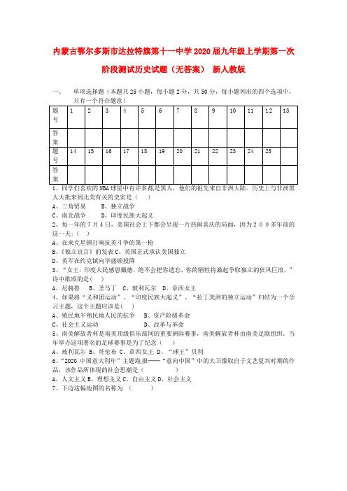 内蒙古鄂尔多斯市达拉特旗第十一中学2020届九年级历史上学期第一次阶段测试试题(无答案) 新人教版