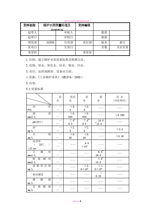 锅炉水质量标准