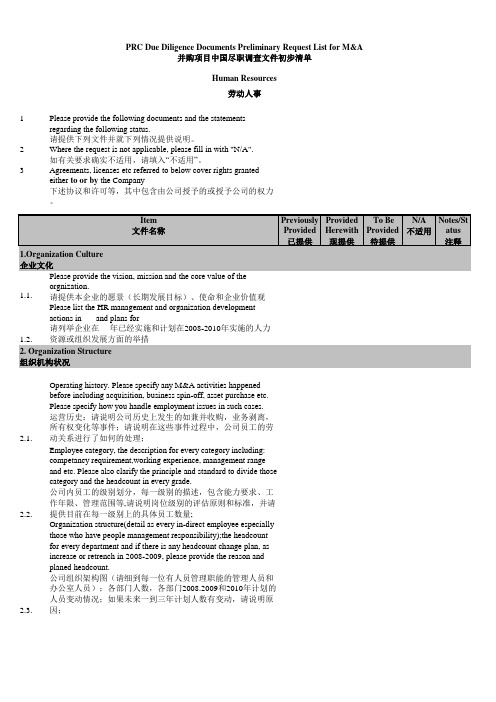 跨境并购项目中国尽职调查文件初步清单-人事部分(中英文)