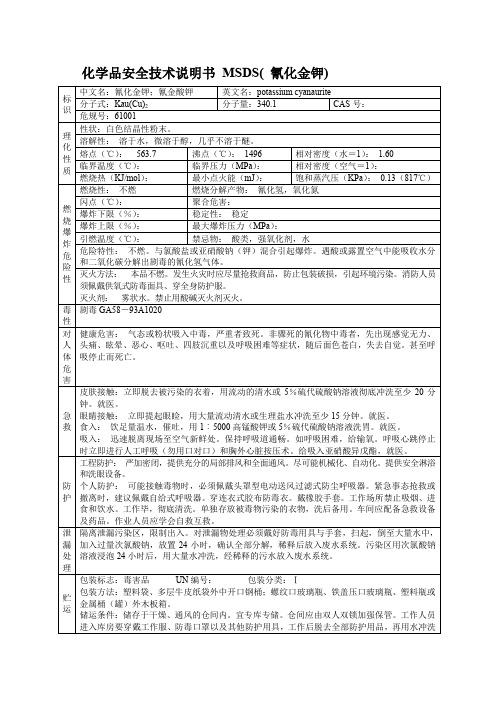 化学品安全技术说明书 MSDS( 氰化金钾)