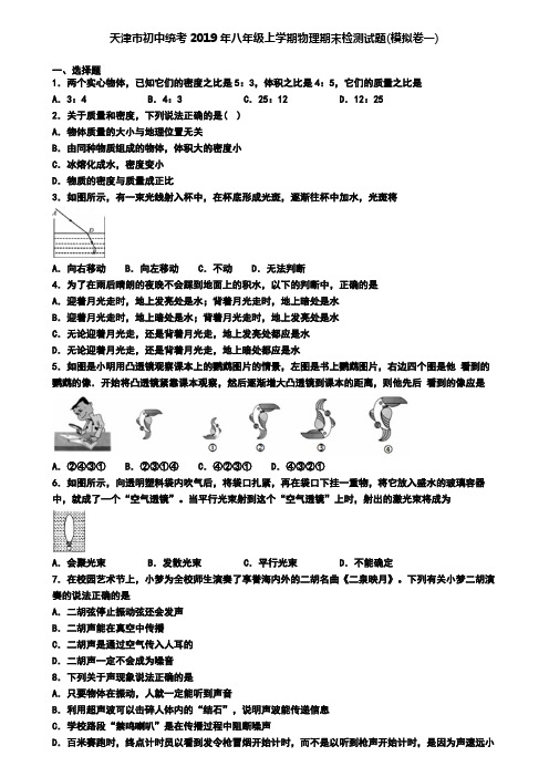 天津市初中统考2019年八年级上学期物理期末检测试题(模拟卷一)