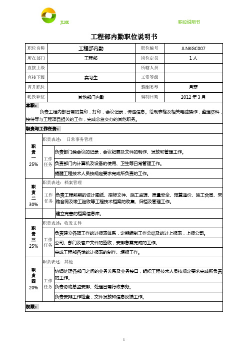 工程部内勤职位说明书