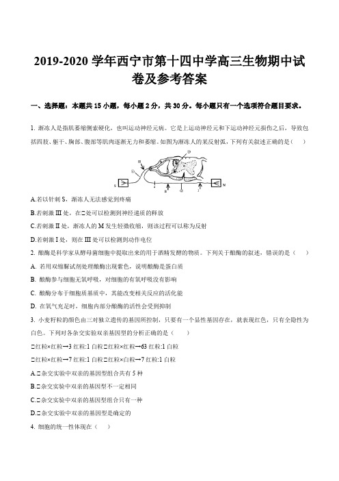 2019-2020学年西宁市第十四中学高三生物期中试卷及参考答案