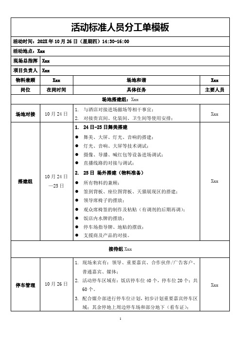 活动标准人员分工单模板