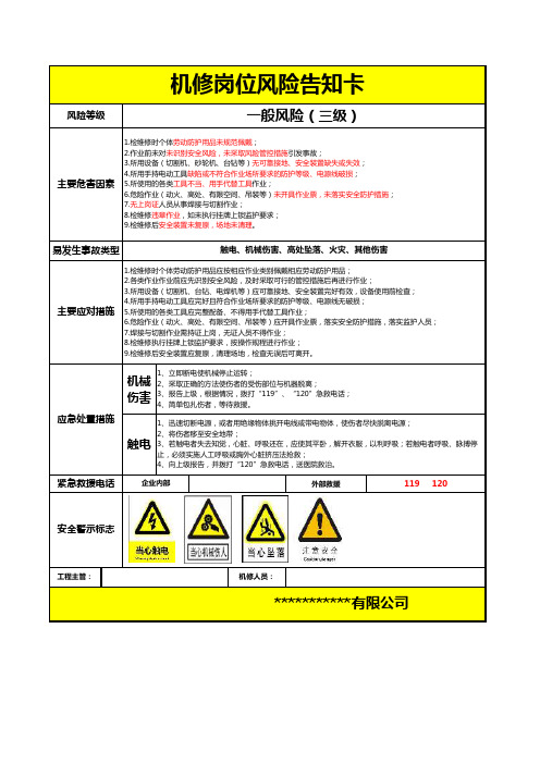 机修岗位风险告知卡