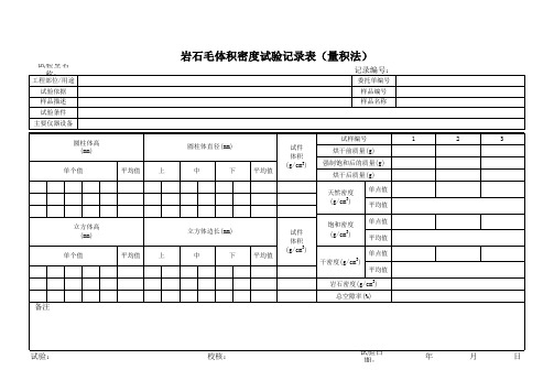 岩石毛体积密度试验记录表(量积法)