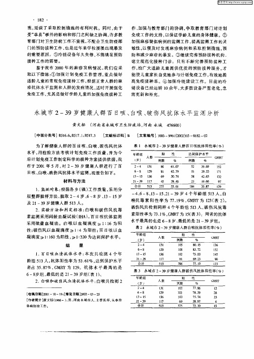 永城市2—39岁健康人群百日咳、白喉、破伤风抗体水平监测分析