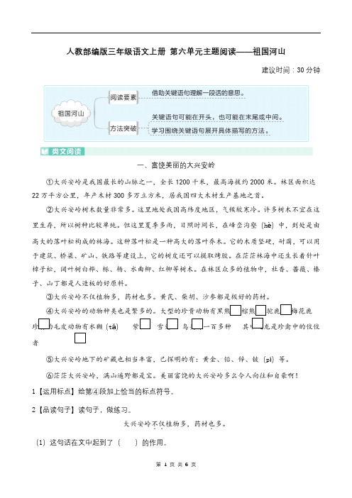 人教部编版三年级语文上册 第六单元主题阅读——祖国河山(含答案及详细解析)