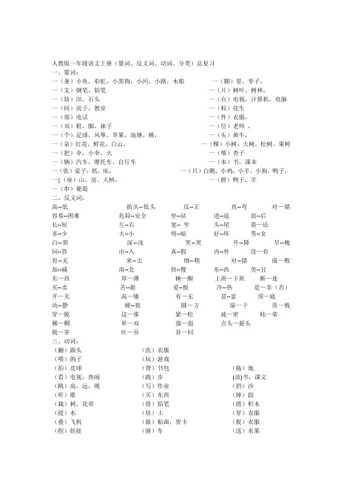 人教版一年级语文上册量词、反义词、动词分类总复习