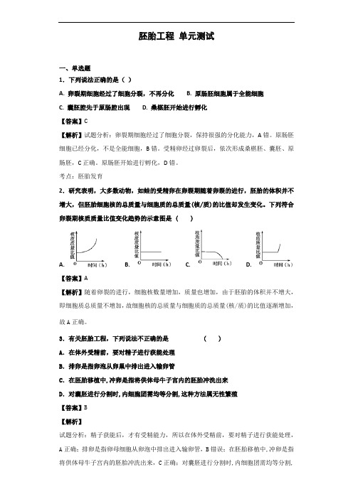 2020届苏教版 胚胎工程 单元测 试