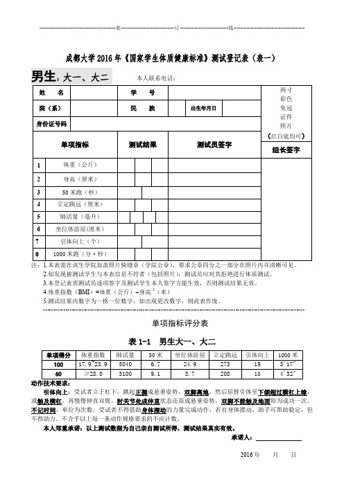 成都大学2015年国家学生体质健康标准测试登记表表一