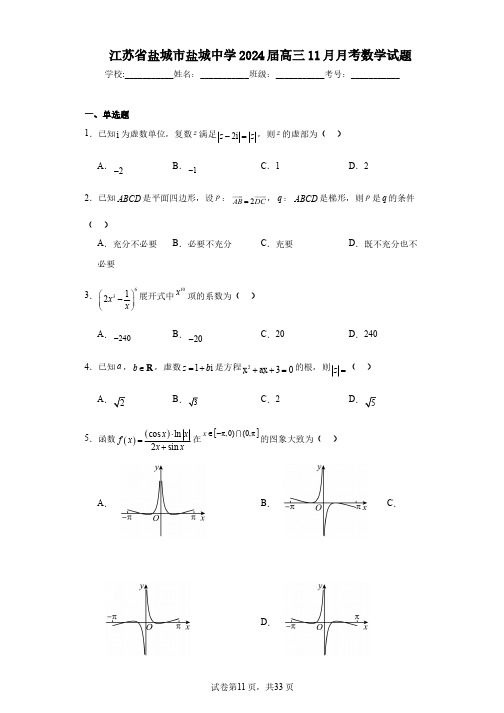 江苏省盐城市盐城中学2024届高三11月月考数学试题