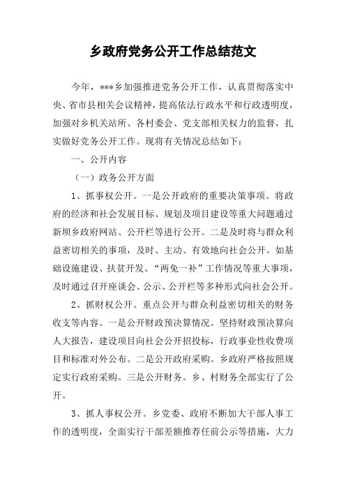 乡政府党务公开工作总结范文