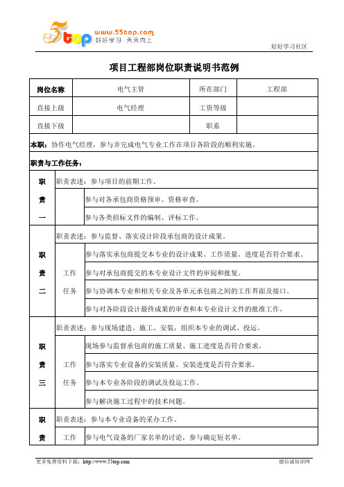 工程部电气主管岗位职责说明书