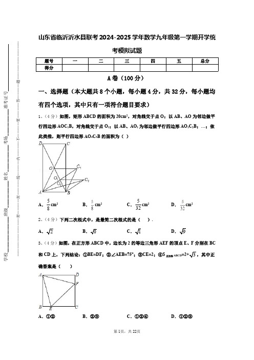 山东省临沂沂水县联考2024-2025学年数学九年级第一学期开学统考模拟试题【含答案】