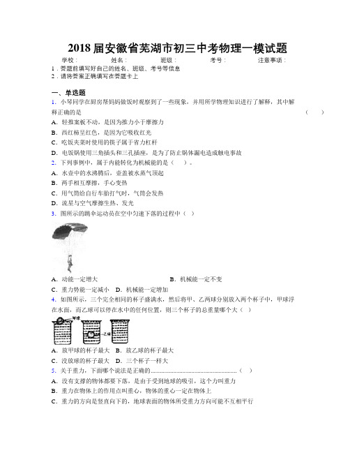 最新2018届安徽省芜湖市初三中考物理一模试题及解析