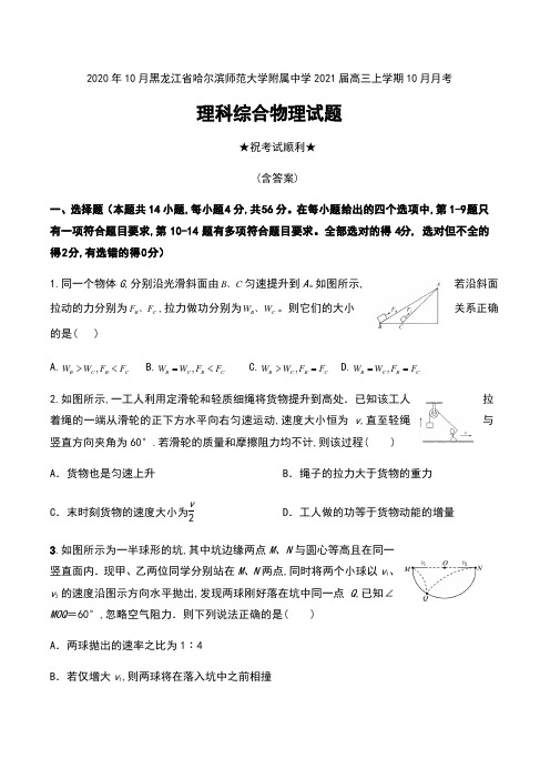 2020年10月黑龙江省哈尔滨师范大学附属中学2021届高三上学期10月月考理科综合物理试题及答案