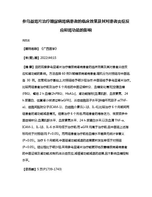 参乌益肾片治疗糖尿病肾病患者的临床效果及其对患者炎症反应和肾功能的影响