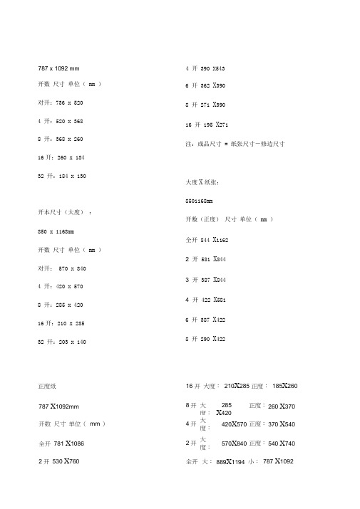 各开本纸张的具体尺寸