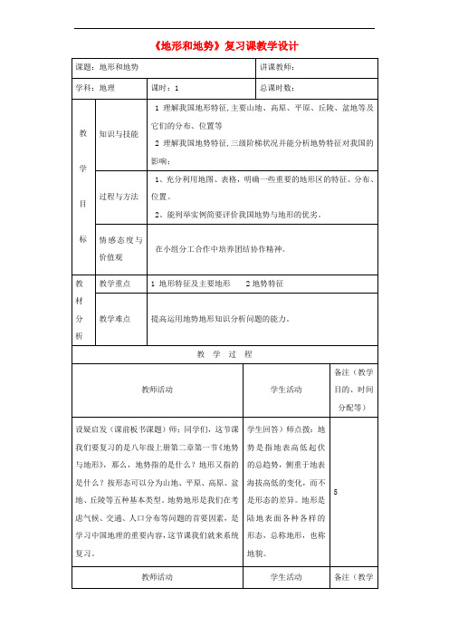 八年级地理上册 2.1 地形和地势复习教学设计 (新版)新人教版