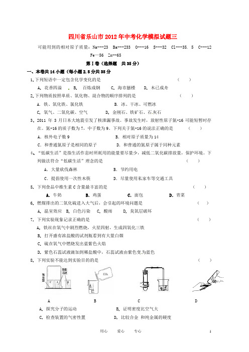 四川省乐山市九年级化学第三次模拟考试试题