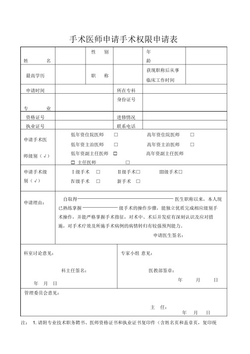 手术医师申请手术权限申请表