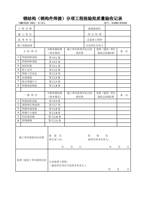 钢结构分项工程检验批质量验收记录(范例)