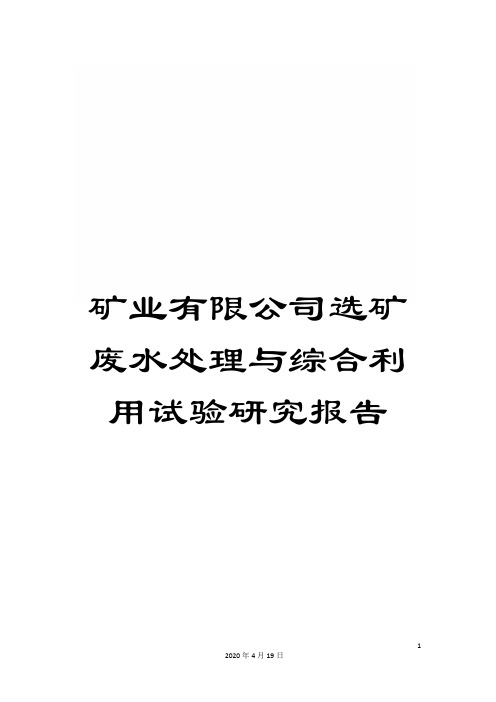 矿业有限公司选矿废水处理与综合利用试验研究报告