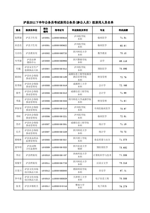 纳溪区2013年上半年公开考试录用公务员(参公人员)拟