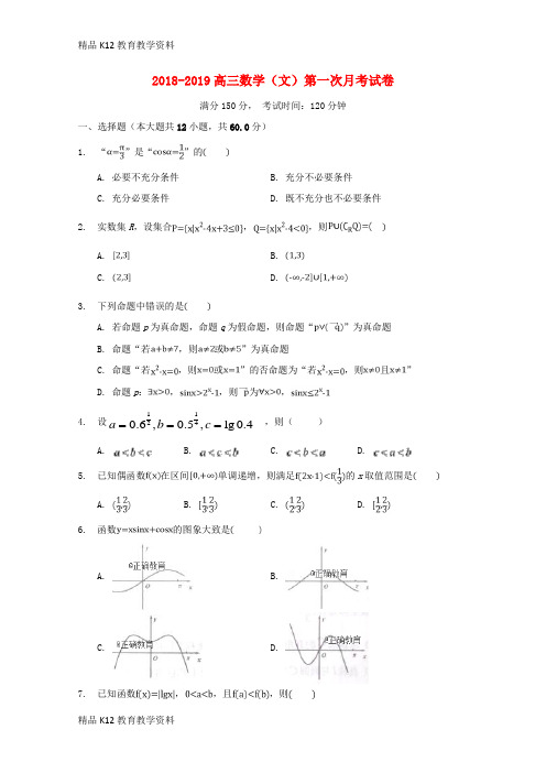 【配套K12】[学习]安徽省合肥市第九中学2019届高三数学上学期第一次月考试题 文