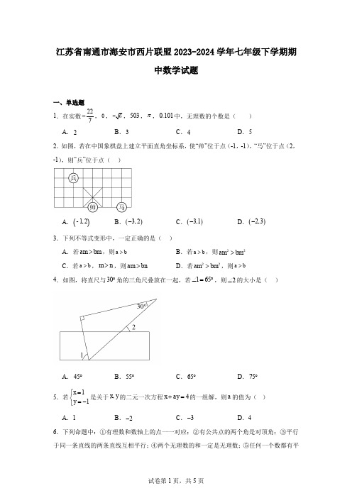 江苏省南通市海安市西片联盟2023-2024学年七年级下学期期中数学试题