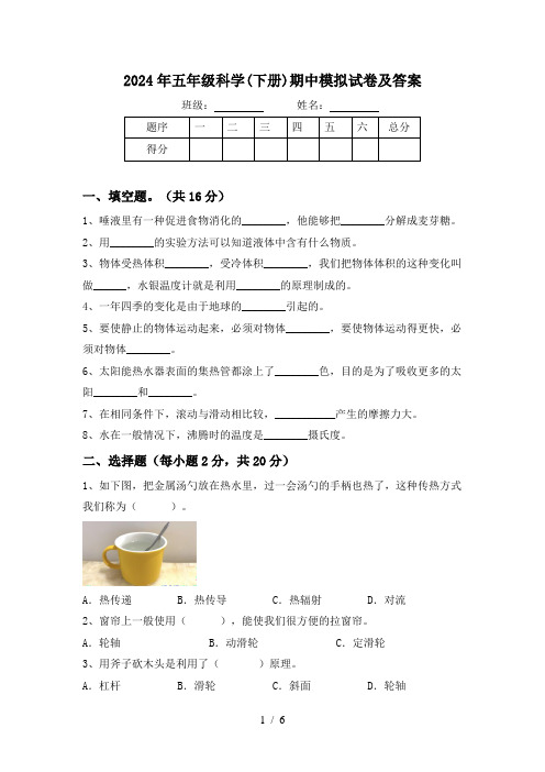 2024年五年级科学(下册)期中模拟试卷及答案