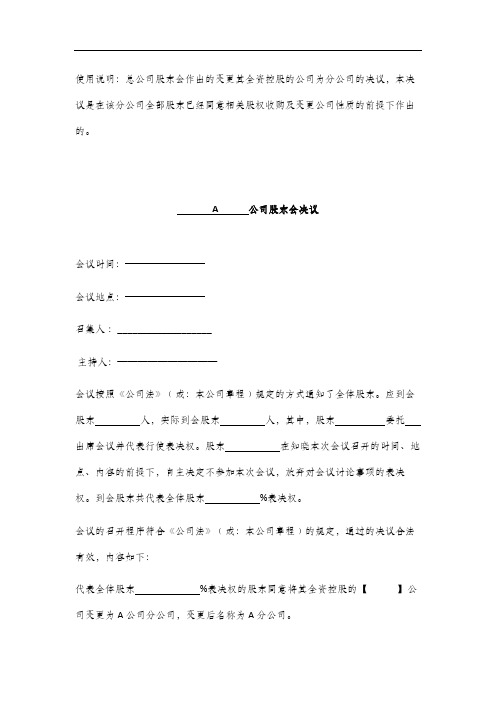 公司股东会决议(总公司)